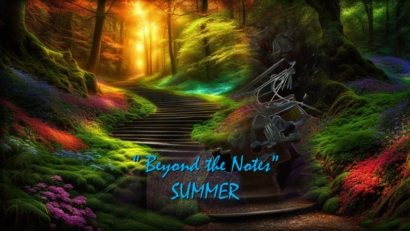 Un paisaje mágico con colores vibrantes, luz brillante y un texto que dice "Summer".